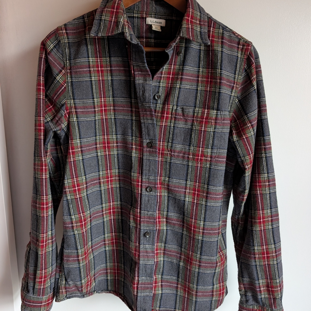 L.L. Bean Gray and Red Plaid Button Down Shirt